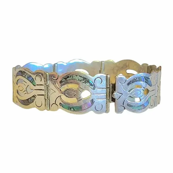 Vintage Abalone Sterling Silver 925 Panel Bracelet Iguala Mexico Signed - Picture 6 of 13